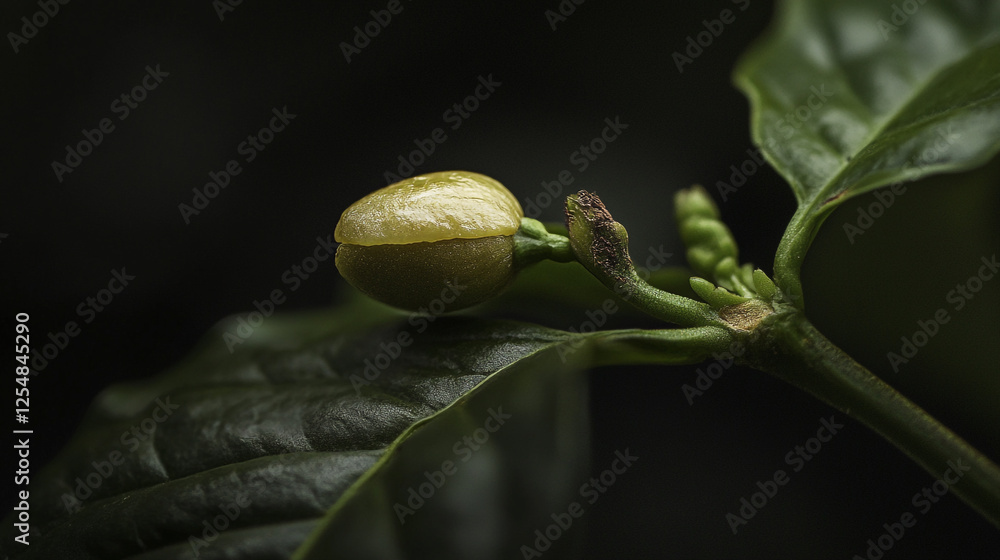 Poster coffee bean developing on tree branch in close-up view during daytime
