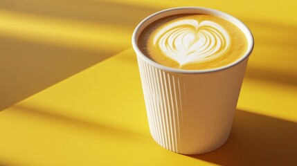 Latte art in takeaway cup, sunny yellow background, cafe vibe, menu image
