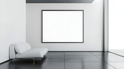 A modern bedroom with all-white furniture, black floor tiles, and a large framed blank canvas.