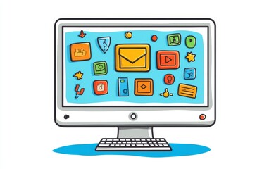 Colorful desktop computer icons, email notification, apps, digital communication, screen, workspace