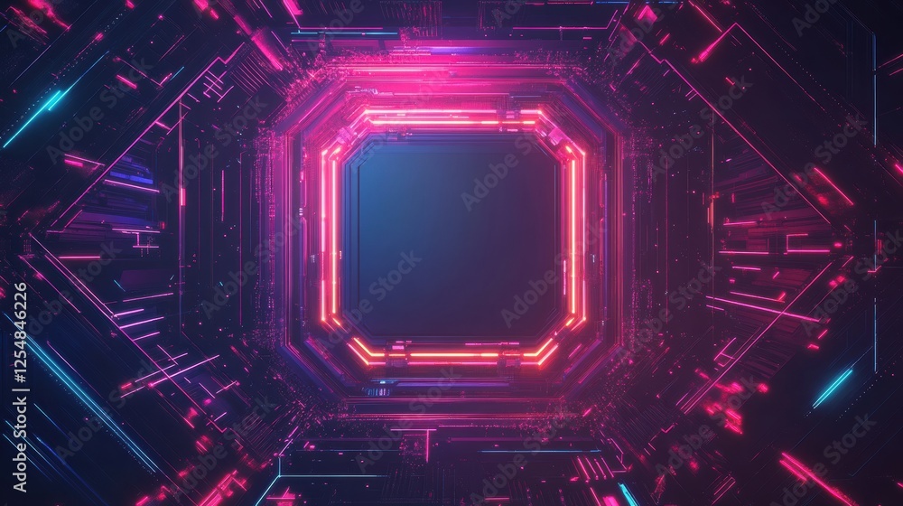 Poster exploration of a futuristic microchip design with neon lights and intricate patterns in a digital la