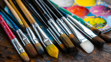 Obraz premium Assorted Paintbrushes on Wooden Surface with Paint Palette