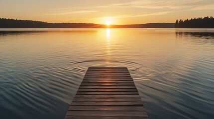 A tranquil wooden dock extends into a calm lake at sunset, with golden light reflecting on the water. The peaceful atmosphere invites relaxation, reflection, and a deep connection with nature


