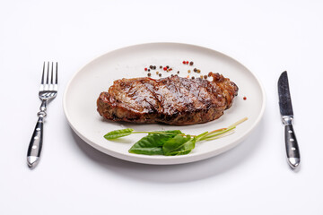 A perfectly cooked striploin steak with a juicy, tender texture