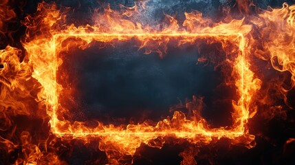 Obraz premium Fiery rectangular frame, intense flames on dark background. Perfect for designs needing a bold, fiery border, add text or images inside.
