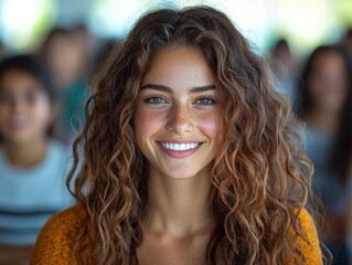 Fototapeta premium Joyful young woman with captivating smile and vibrant curly hair posing outdoor with blurred background