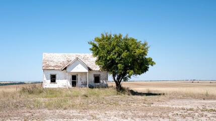 Abandoned farmhouse, tree, prairie, summer. Rural landscape photo for real estate, travel