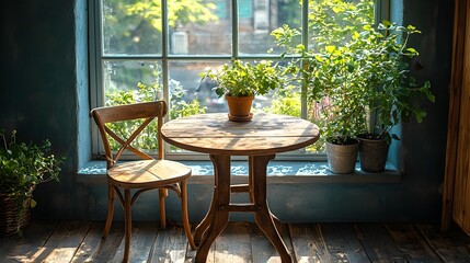 Charming vintage wooden table and chair set bathed in warm natural sunlight by a large window creating a peaceful cozy and serene atmosphere with ample copy space for design or text overlay