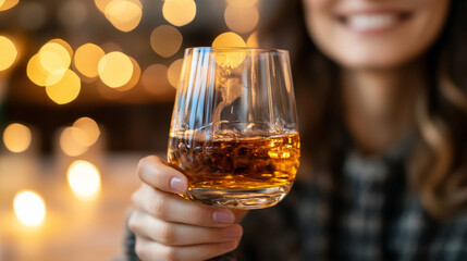 Close-up of a person holding a glass of whiskey in a warm, festive atmosphere with glowing lights and a cheerful, joyful ambiance