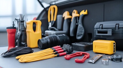 Fototapeta premium Assorted automotive tools and equipment neatly arranged for vehicle maintenance and repair in a garage setting.