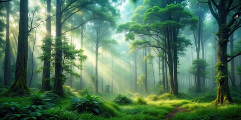 A misty forest scene with tall trees and lush greenery, soft light filtering through the misty atmosphere, creating an eerie yet peaceful ambiance , mist, landscape