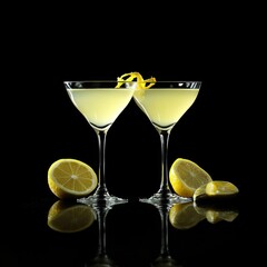 Two lemon cocktails, dark background, citrus garnish, refreshment
