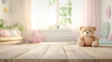 Teddy bear on wooden table, blurred baby room background, design product display template.