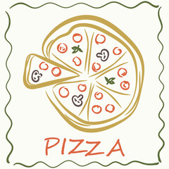 Hand drawn italian pizza poster. Traditional italy food in doodle style. Minimal homemade dinner. Pizza Club. Chalk crayon sketch dish for for menu, wine, lunch. Isolated lines vector illustration.  