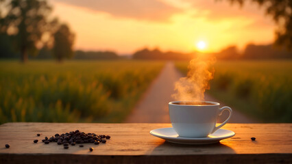 Steaming coffee cup on wooden table at sunrise with scenic rural landscape, perfect for relaxation and morning inspiration