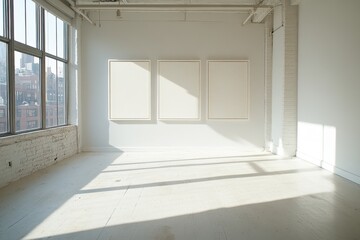 Fototapeta premium Empty white room with three blank canvases and large window. Ideal for art, design, or minimalist concepts.