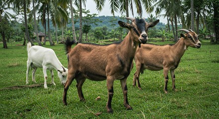 Three Goats Grazing in a Lush Green Tropical Paradise