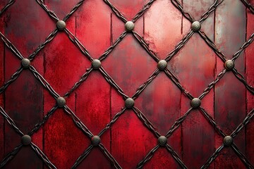 Fototapeta premium Dark red textured background with black metal chain pattern and rivets. Perfect for gothic, vintage, or luxury design projects.