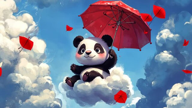 A cute panda floating among fluffy clouds, holding a red umbrella with petals falling around