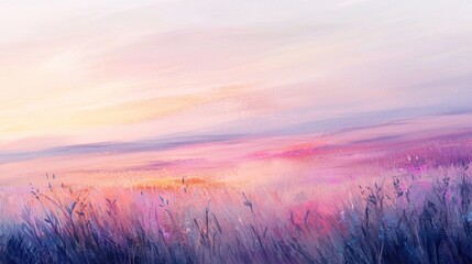 Pastel Sunset over Serene Meadow: A Dreamlike Landscape Painting