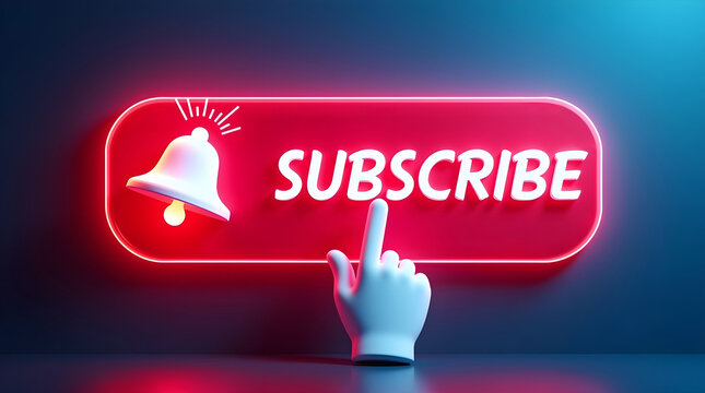 YouTube Subscription Notification Bell Icon with Bright Neon Glow and Click Gesture for Audience Engagement and Channel Growth