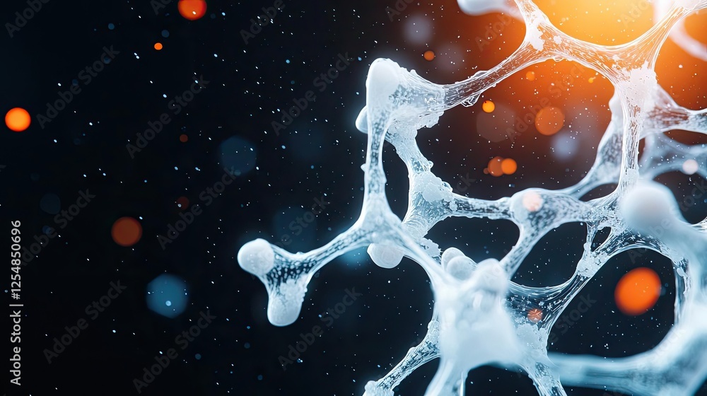 Poster climate impact microscopic idea. abstract representation of molecular structure with glowing particl