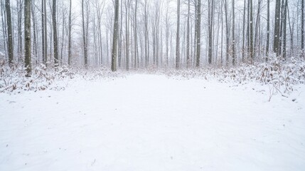 Snowy forest path, winter wonderland background, peaceful nature scene, ideal for travel brochures