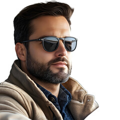 Fototapeta premium Man in sunglasses driving a car, beige jacket, isolated on white background.