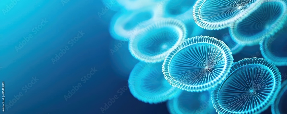 Poster climate impact microscopic idea. abstract blue background with illuminated circular patterns and tex