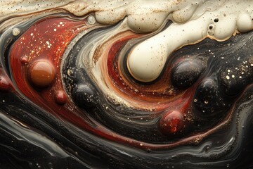 Abstract swirling paint in black, red, and beige. Ideal for backgrounds, designs, or artistic projects needing a cosmic feel.