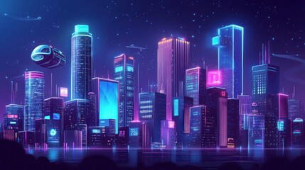 Obraz premium Neon Cityscape at Night: Futuristic Metropolis with Flying Vehicle