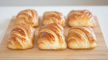 Golden pastries on wooden board, kitchen setting
