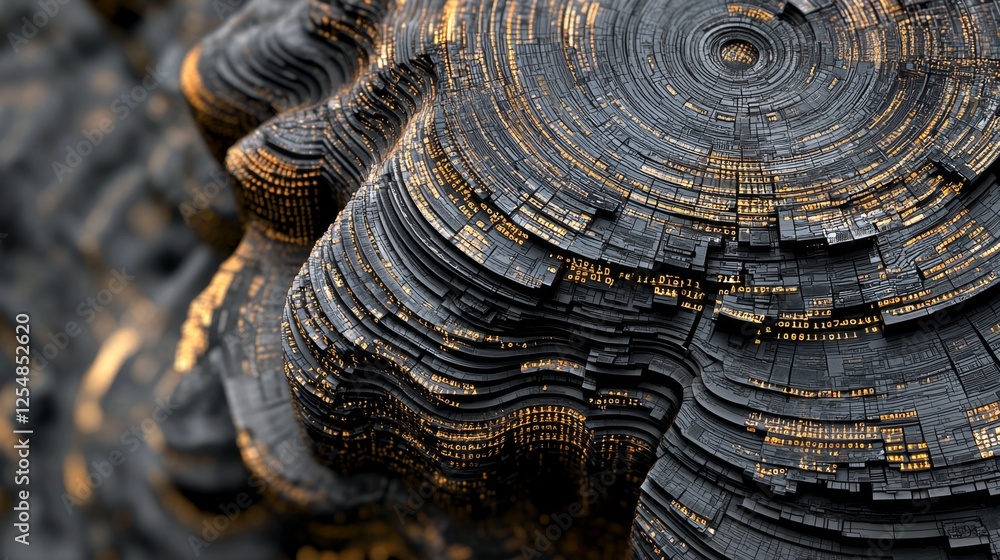 Poster abstract representation of a human face with geometric patterns and textured details in dark and gol