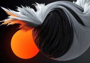 Dynamic Abstract Hair Flowing Around a Bold Orange Sun with Surreal Aesthetics
