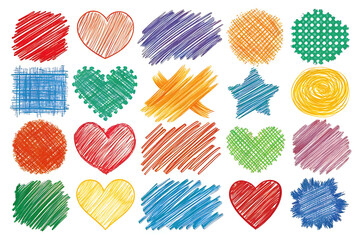 Set of colorful hearts and stars drawn with crayons