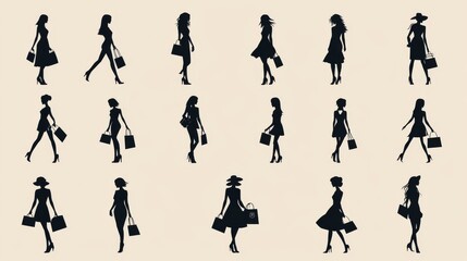 Fototapeta premium contemporary shopping symbol collection, fashion figure series, different shopping bag positions, dynamic hair movement, simple dress silhouettes, black icon set, professional logo elements