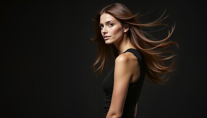 Naklejka premium Elegant woman with flowing hair in black tank top on dark background, beauty concept