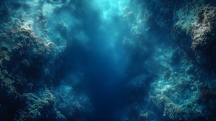 Mesmerizing top down view of a captivating coral reef showcasing the vibrant marine life visible beneath the crystal clear water surrounded by deep blue gradients and tranquil atmosphere