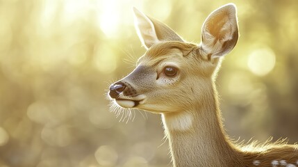 Obraz premium Majestic red deer in golden morning light, serene forest backdrop. A moment of natural grace and tranquility.