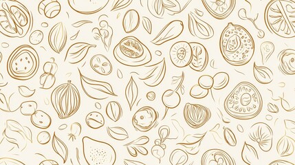 Elegant line art food pattern, organic produce icons, monoline vegetable fruit designs, eco-friendly shopping concept, fresh market illustration, light airy composition, bright spring palette