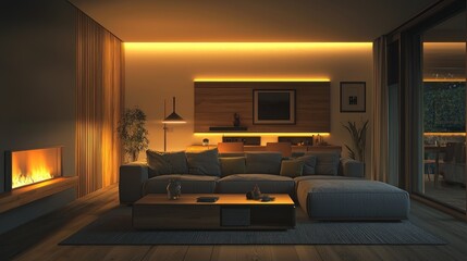 Cozy Evening in a Modern Living Room with Warm Lighting