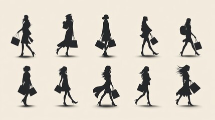 Fototapeta premium elegant shopping icons pack, feminine silhouette collection, fashionable poses with bags, dynamic movement series, boutique logo elements, black silhouette set, minimalist design style