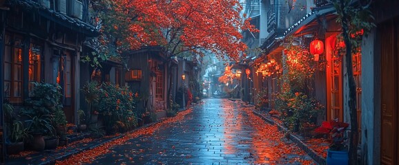 Rain-soaked autumn alley with red leaves and lanterns.