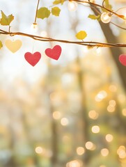 Red and yellow heart decorations hanging on a branch with string lights. Autumn leaves and blurred bokeh background. Romantic and seasonal celebration concept. Design for greeting cards, invitations, 