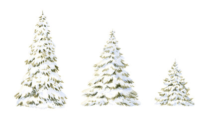 Fototapeta premium Christmas trees with snow on branches watercolor illustration set isolated on white background for Happy New Year greeting cards and cute winter designs. Tall and low Snow-covered spruce
