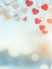 Red and yellow heart decorations hanging on a branch with string lights. Autumn leaves and blurred bokeh background. Romantic and seasonal celebration concept. Design for greeting cards, invitations, 