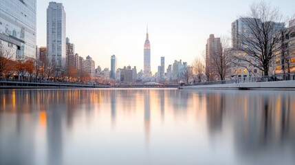 Obraz premium City skyline reflection, winter sunrise, calm water, urban park