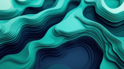 Abstract Teal Layered Landscape:  A Digital 3D Rendering of Soothing Waves and Curves