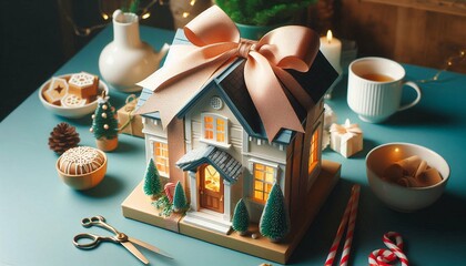 Home is the greatest gift of all! This festive image beautifully symbolizes the dream of homeownership, making it perfect for real estate promotions, mortgage ads, or housewarming messages. 