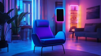 first person perspective, smartphone screen displaying 3D virtual furniture, modern loft space, neon price tag overlay, minimalist room design, cozy home setting, ambient lighting, blue accent chair